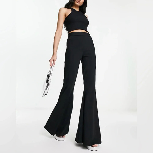 LYANER Casual High Waist Ruffle Flare Pants Wide Leg Solid Stretchy Bell Bottom - Picture 5 of 14
